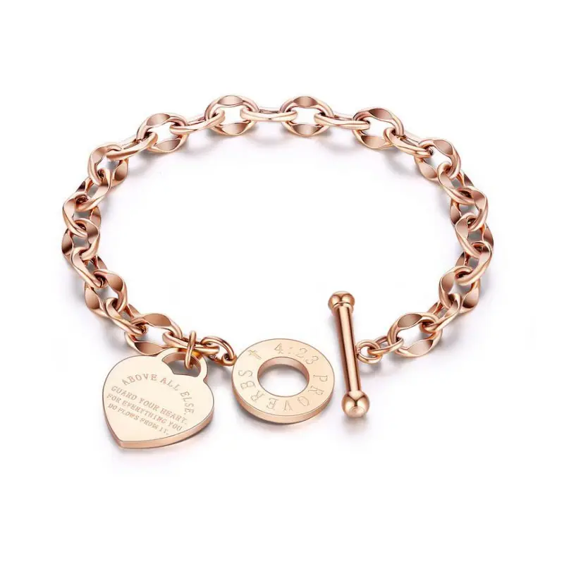 Christelijke Religieuze Rvs Rose Gold O Vorm Bijbel Spreuken 4:23 Kabel Chain Toggle Sluiting Hart Armband