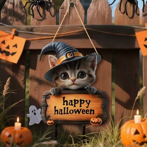 Hot New Halloween Decoraciones Puerta de madera Letrero Gatito Bruja Fantasma Colgando Decoraciones de pared Fiesta en casa Suministros de vacaciones Props - Product Image 2