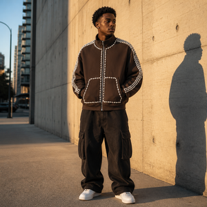 Luxury Pearl Beaded Heavyweight Coffee Brown <b>Zip</b> <b>Up</b> <b>Jacket</b> Men Vintage Oversized Streetwear Track <b>Jacket</b> For Y2K Hip Hop - Product Image 3