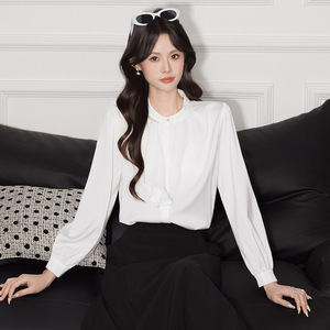 Pale Yellow Women's Blouse Long Sleeve Ruffled Trim Solid Color Korean Style Everyday Wear Polyester Shirt - Product Image 2