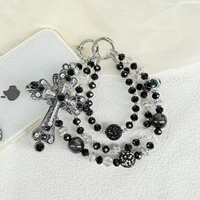 Dragonne de téléphone double couche perlée, perles de cristal noires, faite à la main, cordon de téléphone, pendentif de sac, porte-clés décoratif pour femme