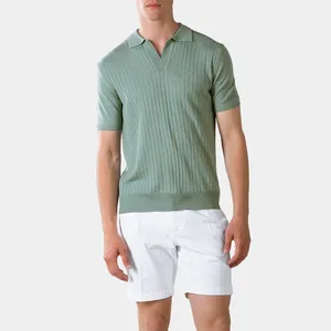 Loisirs travail couleur unie décontracté à manches courtes sans bouton tricot côtelé t-shirt polo vert clair t-shirt homme