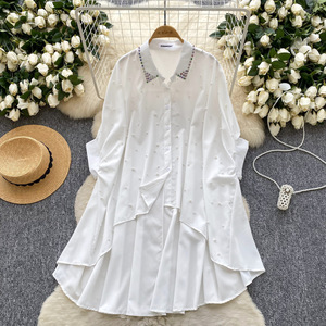 Chemisier asymétrique pour femme, orné de clous et de perles, à boutonnage simple, manches chauve-souris, coupe ample mi-longue, tendance - Product Image 1