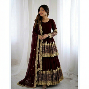 Burgundy Embroidered Lehenga Dress <b>Sequin</b> Work <b>Top</b> Net Dupatta Elegant Formal <b>Party</b> Wear for Women - Product Image 1