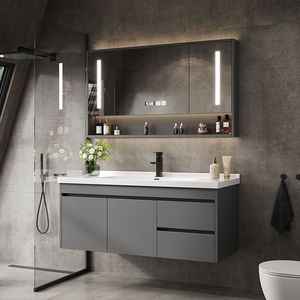 Jediman Bathroom Vanity With Smart Mirror Grey Minimalist Design Integrated Ceramic Basin Illuminated Sink Cabinet Set - Product Image 1