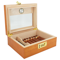 Humidor à cigares portable JH avec dessus en verre à grain de bois premium, serrure à code, boîte à cigares en bois massif