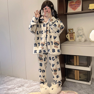 Ensembles de vêtements de nuit flanelle automne et hiver corail polaire pyjamas femmes à manches longues dessin animé imprimé Cardigan pyjamas ensemble - Product Image 4