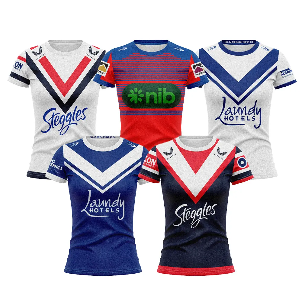 Groothandel Custom Oem Full Print Gesublimeerd Snel Droog 100% Polyester Australië Dames Training Nrl Rugby Truien Tops Met Logo