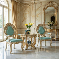 Ensemble de chaise d'appoint et table d'appoint de style vintage européen, cadre en bois massif sculpté à la main, revêtement en cuir, meubles de salle à manger et de loisirs