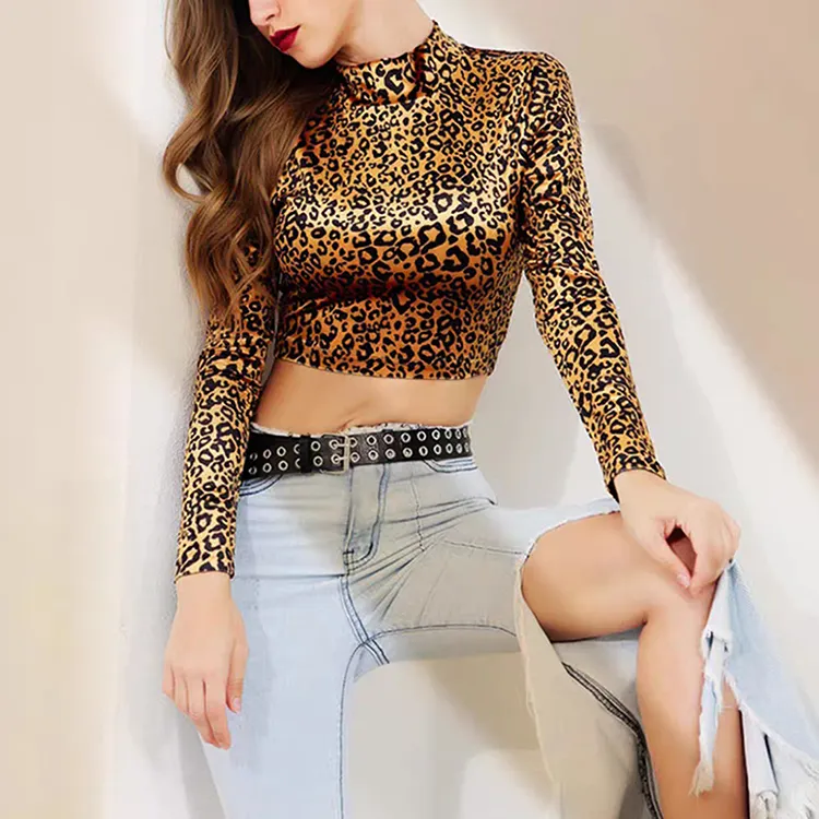 Las mujeres al por mayor cuello alto manga larga Casual leopardo Print camisas Tops
