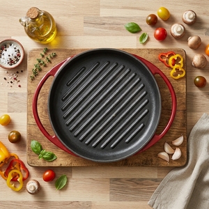 Sartén de hierro fundido para carne, 26 cm, con esmalte rojo personalizado, apta para horno, fácil de limpiar, para gas, venta al por mayor. - Product Image 1
