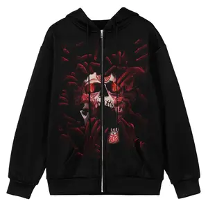 Commercio all'ingrosso personalizzato di alta qualità Zip up strass transfer Blank Black Men oversize Face Full Zip Up felpa con cappuccio abbigliamento di Halloween