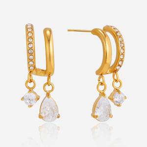 Drop Earrings Gold Plated Zircon Water Drop Shape Party Jewelry Stainless Steel Ear <b>Posts</b> Claw Setting Geometric Design - Product Image 1