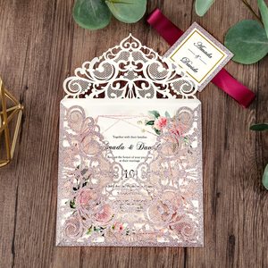 Couleur <span class=keywords><strong>or</strong></span> <span class=keywords><strong>Rose</strong></span> paillettes carrées découpées au Laser Invitation de mariage avec enveloppe fête université carte d'invitation - Product Image 2