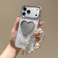 Étui de téléphone Premium à motif coquille, paillettes et cœur diamanté avec support et dragonne pour iPhone 17 Pro Max 16 15 14 13 12