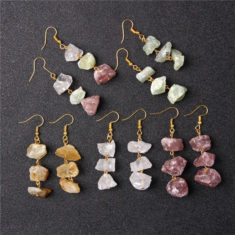 Boho handmade irregular natural stone fluorite quartz gold hook earrings women crystal dangle drop earrings jewelry