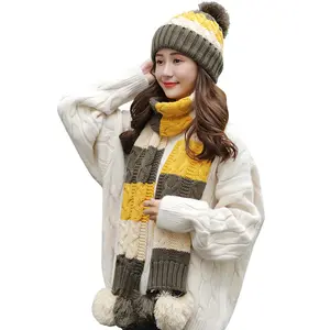 DDA2149-Conjunto de gorros de lana gruesa y cálida para mujer, gorros coloridos de punto con pompón, bufanda forrada de lana para ciclismo, sombreros de invierno