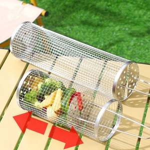 Cesta de parrilla rodante de malla de acero inoxidable 304, diseño cilíndrico de malla de alambre resistente al calor para camping portátil al aire libre - Product Image 6