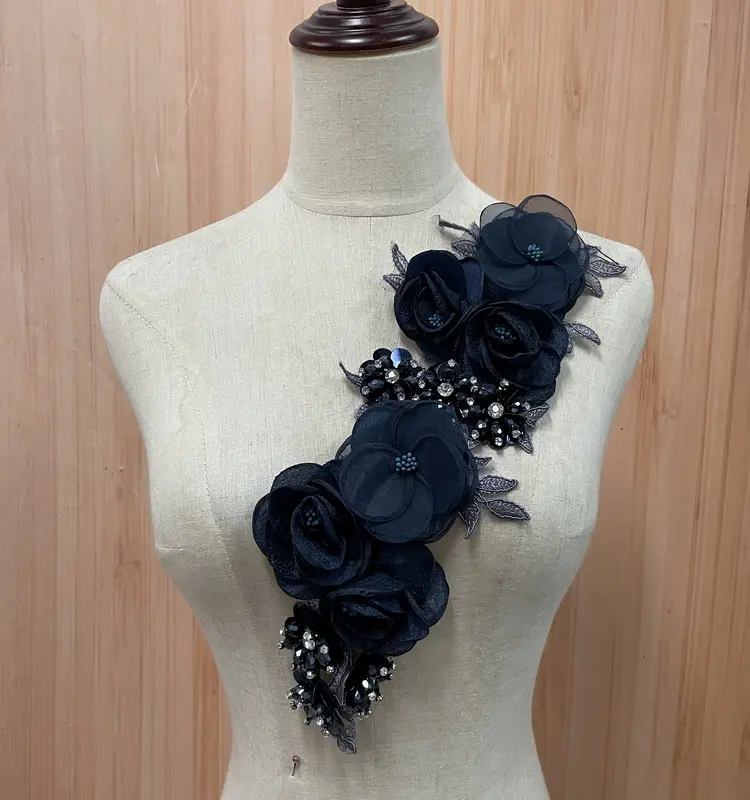 Mousseline de soie Fleur Strass Perlé Sequin Applique Textiles Broderie 3D Floral