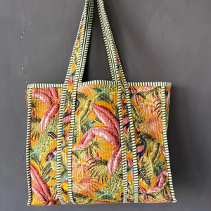 Bolso de Mano Acolchado de Algodón con Estampado de Bloques, Ligero, Multiusos, para Artículos Esenciales Diarios, Viajes, Compras, Bolso de Hombro - Product Image 1