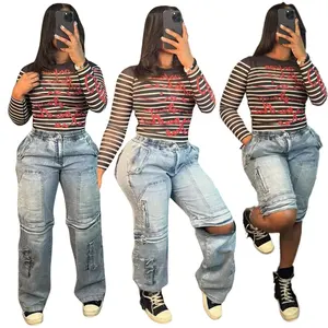 2024 Trendy Dames Jeans Met Hoge Taille Rits Patchwork Stretch Hole Workout Jeans Casual Overalls Denim Cargo Jeans Broek Vrouwen
