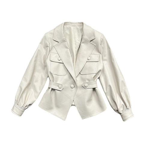 1156 Sheep Skin Personalized Outer Slim Waist Lantern Sleeve Pocket Women's Blazer Genuine Leather Jacket