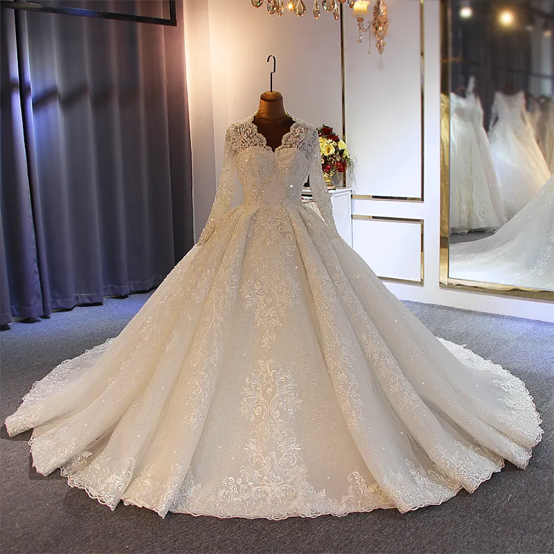 Jancember gaun pengantin mewah, NS3593 bordir ekor mewah lengan reguler berkilau untuk pernikahan