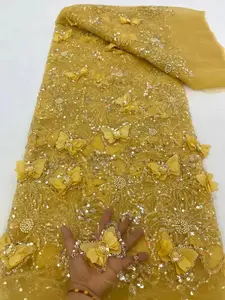 Tecido de renda luxuoso com miçangas preço de atacado para noivas bordado pérolas francesas tecido de renda de malha de borboleta 3D para casamento