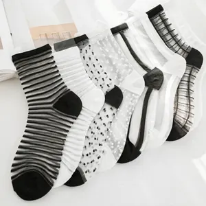 Spring and autumn new glass silk socks thin model crystal socks women's mid-tube sexy socks striped fashion wholesale