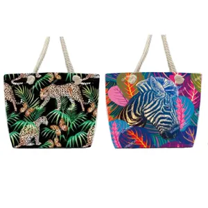 非洲野生动物豹纹斑马纹大帆布沙滩旅游购物手提袋