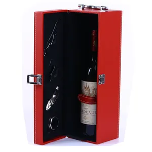 Custom Luxury Single Pack Red Wine and Champagne Set Four-Piece Wood Wine Box with PU Leather for Tea Beer Brandy