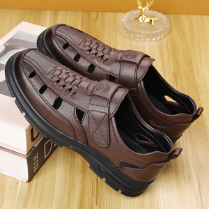 Sandalias de cuero casuales para hombre con punta redonda, suela de goma, entresuela de EVA, estilo veraniego. - Product Image 2