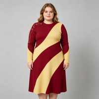 Ropa de Invierno Personalizada para Mujer Estilo Occidental, Blusa de Canalé con Bordado de Hilos Dorados, Vestido Rojo de Manga Larga para Mujer