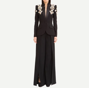 Ensemble Blazer et <span class=keywords><strong>Pantalon</strong></span> Large Femme Luxe Perles Bodycon, Veste Bouton Unique et <span class=keywords><strong>Pantalon</strong></span> Fendu - Product Image 2