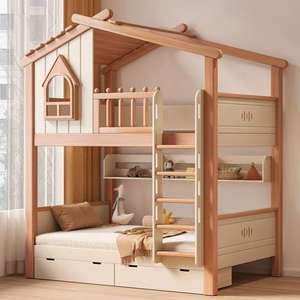 JINS Letto a soppalco in legno massello dal design moderno a casetta sull'albero per bambini 0-3 anni, con scivoli, personalizzabile per la cameretta - Product Image 1