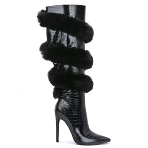 Cross Wrap Fur Women High Heels Boots Animal Prints Large Size 45 Wide Fit Shoes Pointy Toe Zipper Long <b>Booties</b> - Product Image 6