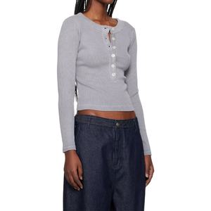 T-shirts Henley en coton extensible à col rond basique pour femmes, t-shirts Henley en jersey côtelé à manches longues sexy pour femmes - Product Image 2