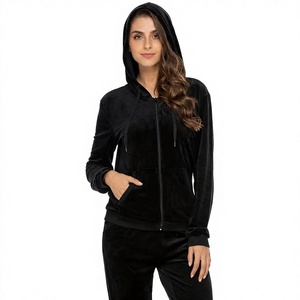 <b>Women's</b> <b>Black</b> 100% Cotton Solid Velour Autumn Tracksuit Set Hooded Zip-Up Front Logo <b>Jacket</b> and Sweatpants 2-Piece Outfit - Product Image 4