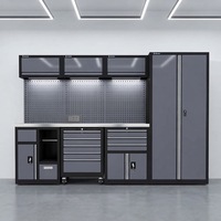 Ensemble de rangement de garage modulaire à 4 armoires avec chariot à outils mobile, établi à 7 tiroirs, panneau perforé et éclairage LED