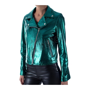 Veste en cuir métallisé pour femme HULAR INTL, couleur vive, col tailleur brillant, hiver, écologique, double boutonnage, doublure satinée, élégante - Product Image 1