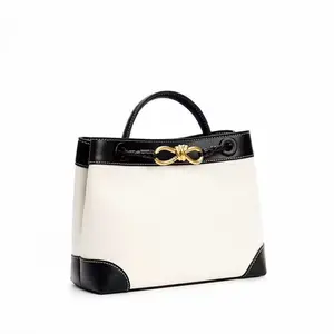 New color contrast high-quality cowhide + canvas handbag fashion shoulder bag luxury women's bag