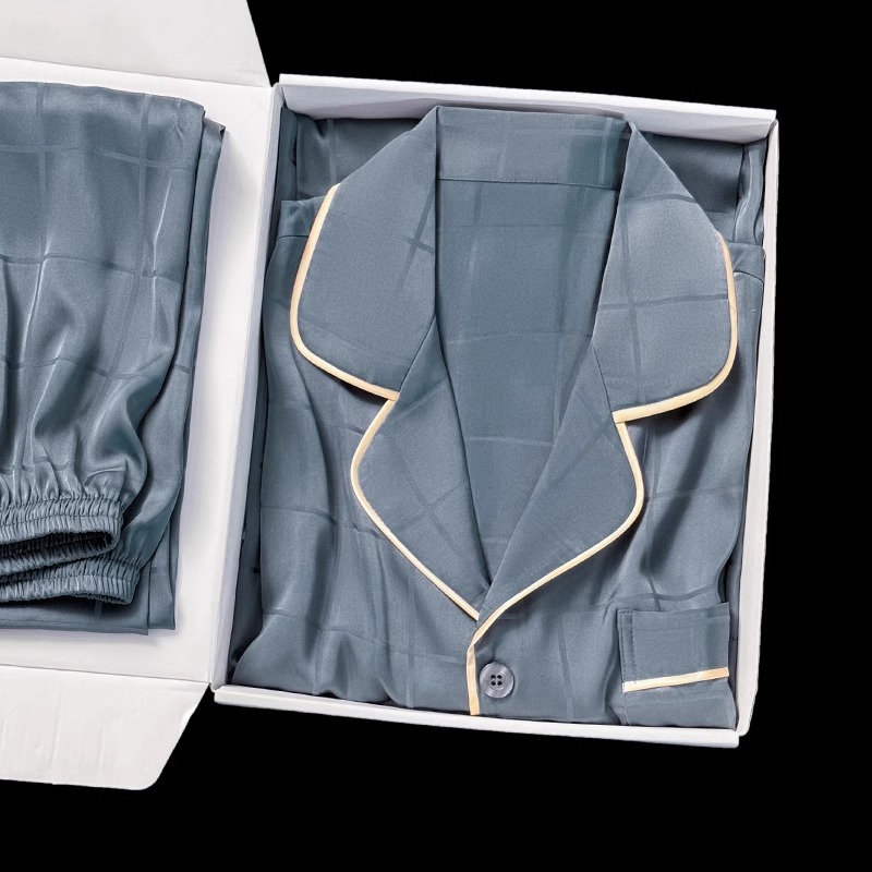 Griglia blu grigio maschile [manica lunga + pantaloni lunghi]