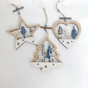 Pendentif double couche pour arbre de noël, 12 pièces, en contreplaqué, cœur, arbre, étoile, ornement suspendu