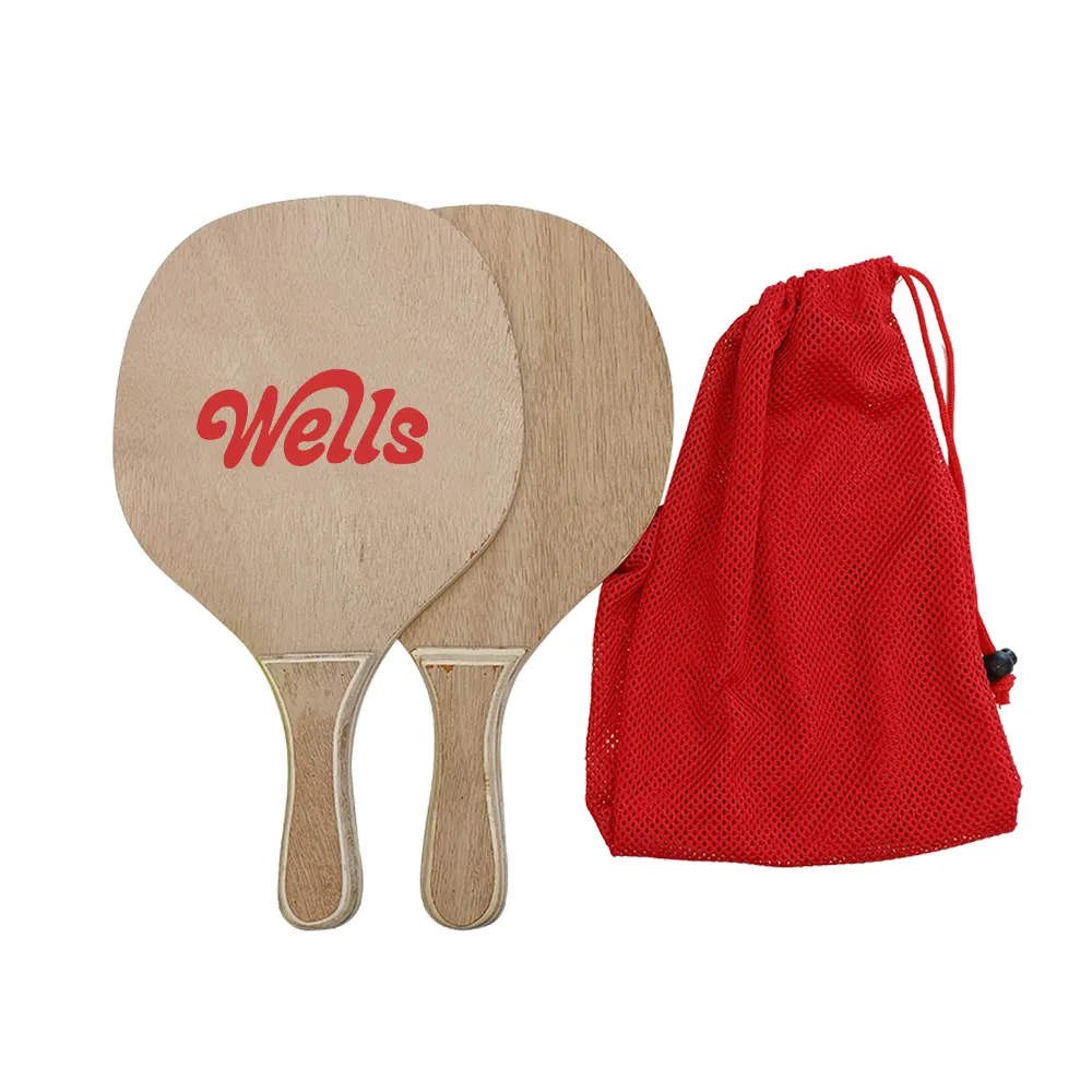 Ensemble de raquettes de plage en bois de couleur bois naturel en contreplaqué peuplier 2 raquettes 1 balle 1 sac en maille pagaie pour la plage