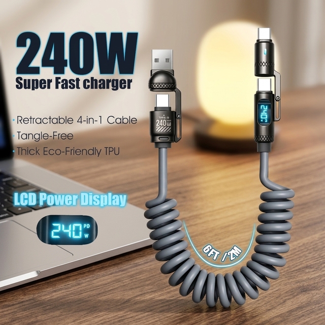 240W 4-in-1 Fast Charging Cable 1.8m Zinc Alloy USB-A/Type-C/L Multi-Function Data Cable for Computer Earphone & Smart Watch
