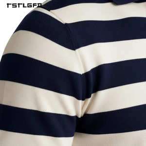 Polo de punto a rayas horizontales para hombre, azul marino y blanco, cuello abierto, estilo Old Money, retro, ropa de verano para resort, polo para hombre - Product Image 3