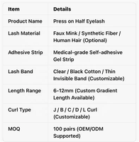 Nouvelles extensions de cils demi-bande adhésives imperméables pré-collées pour yeux petits, tenue 10 jours, marque privée, réutilisables, à presser