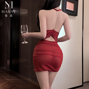 Manyu New Year Sexy Hot Girl V-neck Backless Lingerie Slimming Bodycon Pearl Chain Camisole Nightgown 9598 - Product Image 5