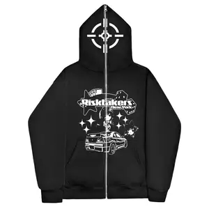 Hip Hop Black Acid Wash Custom Zip Up Hoodie Sudadera de gran tamaño Puffy Printing Full Zip Up Hoodie Hombres