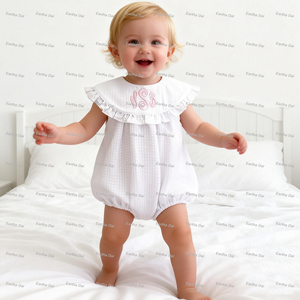 Produits pour bébés, barboteuse à bulles en seersucker blanc d'été, monogramme, ensemble de barboteuses assorties pour frères et sœurs, vêtements pour nouveau-nés - Product Image 5